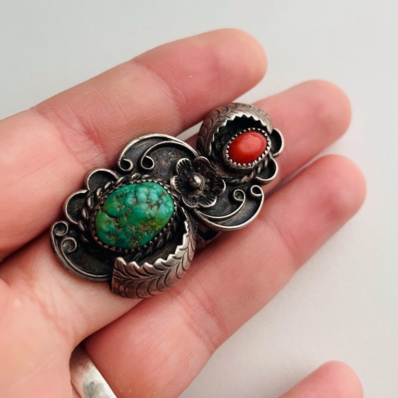 Vintage sterling silver Turquoise coral flower Navajo Ring - Picture 10 of 15
